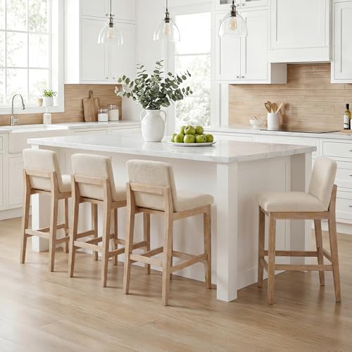 Image of Zesthouse Wood Bar Stools Counter Height Set of 2, 26 inch Modern Bar Stools with Back & Solid Wooden Leg, Mid Century Farmhouse Barstools, Beige Linen High Chairs for Kitchen Island, Antique Brown Finish
