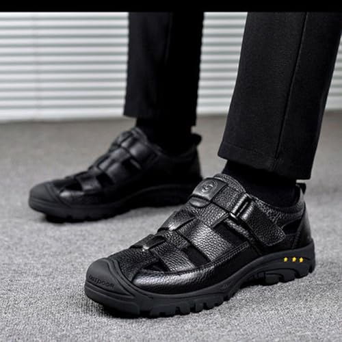 MILDSEVEN Men's Fashion Outdoor Hiking Sandals, Closed Toe Business Sandals, Real Leather Sports Beach Shoes,6.5,Black3