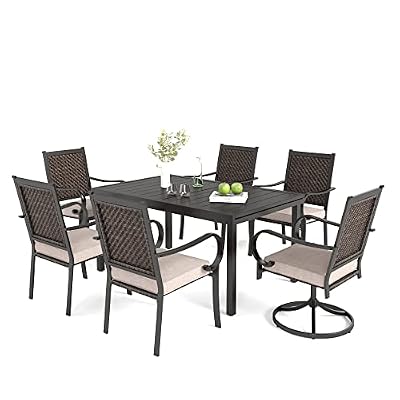 MIXPATIO Outdoor Patio Dining Set 7 Pcs, Patio Dining Table Chairs Set, 6 Rattan Chairs(2 of Them Swivel) with Cushions and Expandable Table for Lawn, Garden, Yards, Poolside