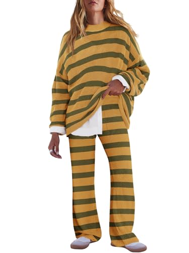 Image of LAMISSCHE Oversized Womens Lounge Set Striped Sweater Set Long Sleeve 2 Piece Pajama Set Top and Pants with Pockets