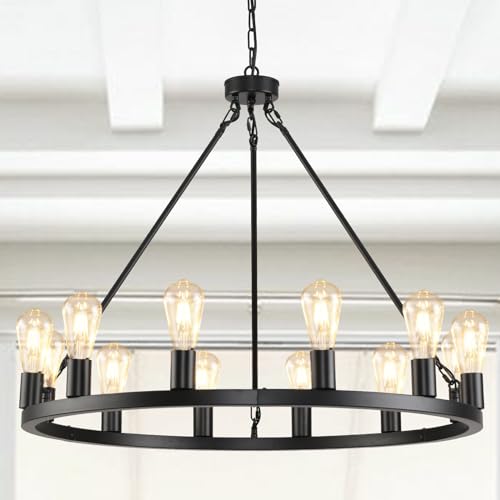 Juhoural 12 Lights Wagon Wheel Chandelier,31.5 inch Black Round Rustic Industrial Vintage Farmhouse...