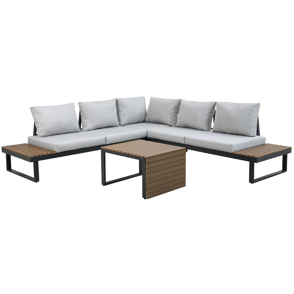 MOMMA HOME Conjunto Muebles de Jardín Rinconera Aluminio y Madera sintética, Terraza y Exterior, Set de Aluminio, Cojines, Mesa, 2 Sofá 2 plazas + rinconera + Mesita Auxiliar (Gray)
