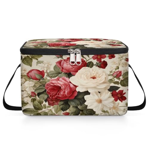 GzLeyigou Red White Roses Lunch Bags for Women Men 9 Cans, Hot & Cold Food Delivery Bag Insulated Grocery Bag Insulated Lunch Box Blossom Flowers Cooler Bag for Office Work Picnic Beach