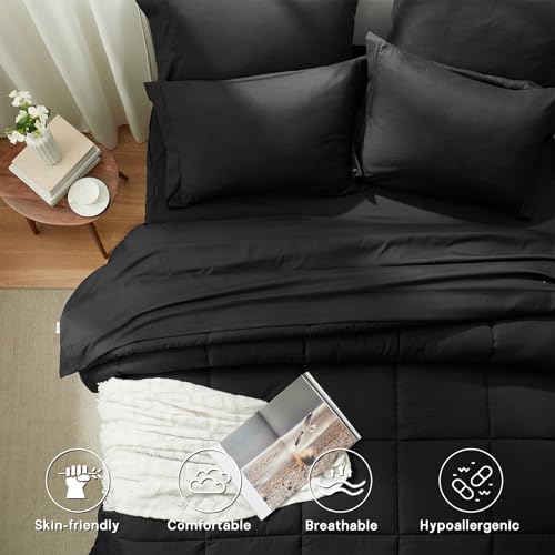 Image of California King Size Comforter Set 7 Piece,Black Bed in a Bag Bedding Sets | Zzlpp OEKO-TEX Certified,Luxury,Lightweight,All Season,Down Alternative Comforter,Breathable sheets & pillowcases