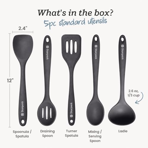 Starpack Stir and Serve Silicone Cooking Utensils Set (5-Piece, 11") - LFGB Non Toxic, 600°F Heat Resistant, BPA-Free - One-Piece Seamless, Dishwasher Safe - for Nonstick Cookware, Gray Black by StarPack Home - Image 3