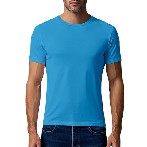 Camisetas para hombre de primavera y verano, informal, de malla, transpirable, manga corta, cuello redondo, color liso, azul claro, L