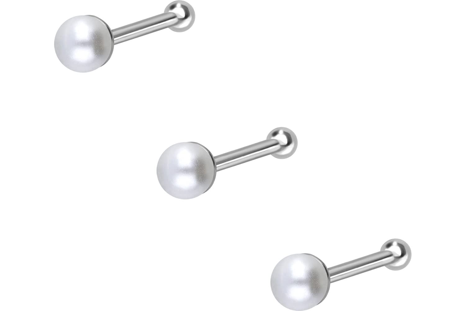 PIERCINGLINE Juego de 3 piercings para la nariz, plata de ley 925, perlas sintéticas, piercing para nariz, Plata, Perla