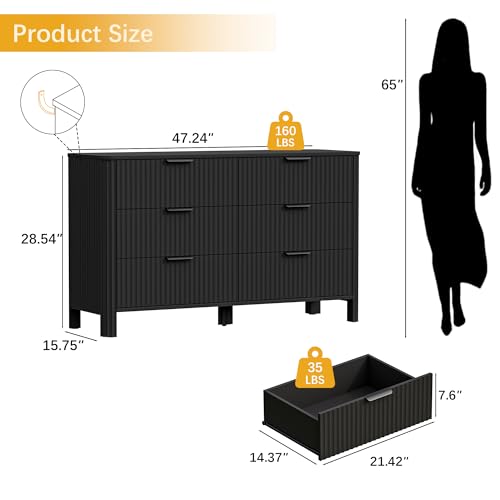 Image of Wodeer 6 Drawer Black Dresser for Bedroom, 47 inchW Wood Storage Cabinet with Fluted Design, Modern Chest of Drawers & TV Stand for Living Room, Nursery Clothing Organizer with Metal Slides, Anti-Tipping