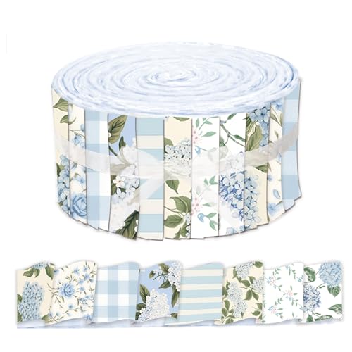 Whaline 40 Pcs Hydrangea Cotton Fabric Strips Spring Fabric Bundles Blue Flower Plaid Stripe Quilting Patchwork for DIY Sewing Craft Decor 2.6 x 39.4 Inch