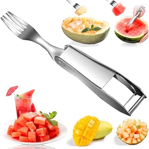 FATUXZ Watermelon Cutter Slicer Tool, Stainless Steel Watermelon Cube Cutter and Knife, Melon and Fruit Slicer, Salad Cutter, Watermelon Fork for Kitchen Gadgets Cover