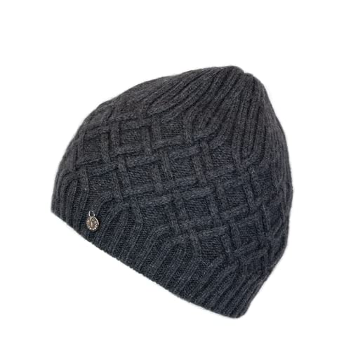 MJÚK Iceland Mütze Norse grau meliert, superweiche Strickmütze aus Angora- und Merinowolle, Wintermütze mit Fleecefutter mit Bommel aus Waschbärfell Cover