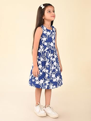 Image of LILPICKS Floral Printed Sleeveless Criss Cross Back Fit n Flare DressFor Girls (Blue)
