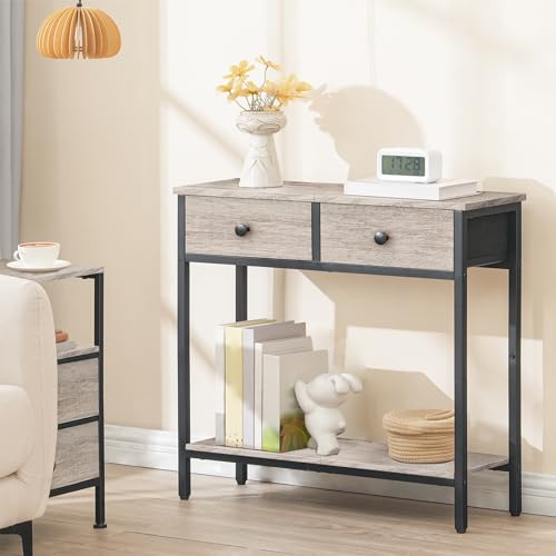 Image of HOOBRO 29.5 inch Narrow Console Table with 2 Fabric Drawers, Small Entryway Table with 2-Tier Storage Shelves, Sofa Table, Behind Couch Table, for Living Room, Hallway, Greige and Black BG71XG01