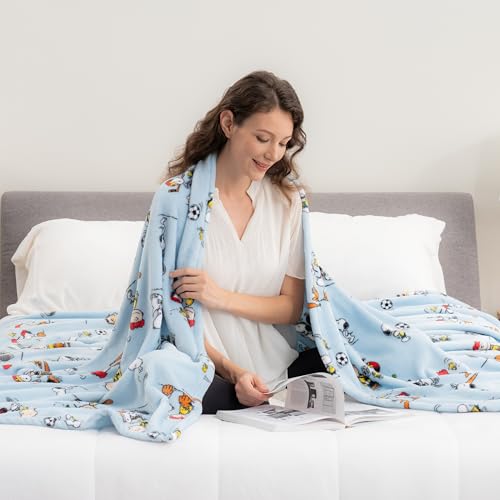 Image of Berkshire Blanket Peanuts VelvetLoft Cute Character Snoopy Plush Blanket,Snoopy the Athlete Closed in Blue,Full /Queen 90 in x 90 in (Official Peanuts Product)