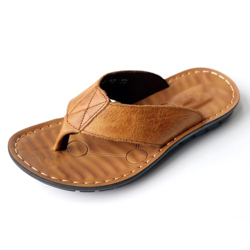 Men's Casual Leather Flats Flip Flops Comfortable Non Slip Breathable Hand Sewing Slides Summer Beach Outdoor Slip On Sandals