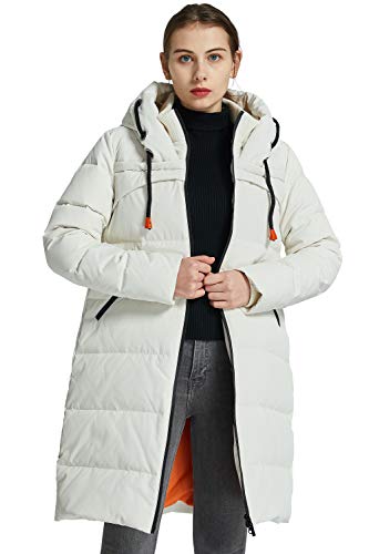Orolay Women's Thickened Contrast Color Drawstring Down Jacket Hooded Parka Long Puffer Coat White M #TOP3