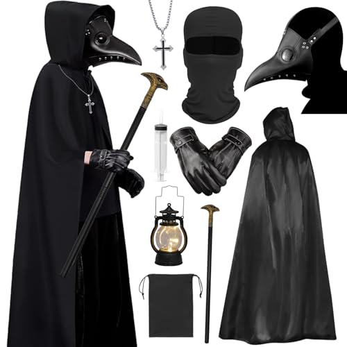 Marypaty Disfraz Medico Peste Negra Plague Doctor Costume Disfraces con Mascara Capa con Capucha Fiesta de Carnaval Medieval Steampunk Cosplay Disfraz para Hombre y Mujer