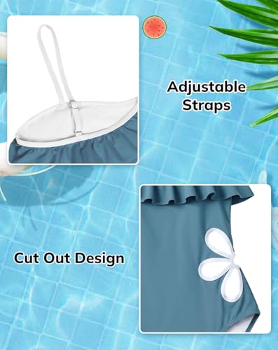 NikNio Girls One Piece Swimsuit Teen Bathing Suits Adjustable Straps Cute Cutout Swimwear for Toddler Kids Teens Grey Blue 9-10 Years — view 6