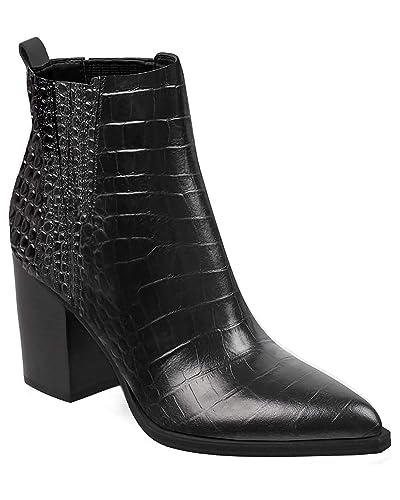 Imily Bela Women's Elastic Ankle Boots Pointed Toe Chunky Stacked Mid Heel Booties Winter Shoes