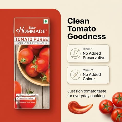 Image of Dabur Hommade Tomato Puree : Made from 100% Ripe Tomatoes with No Added preservatives - 200 gm (Pack of 3)