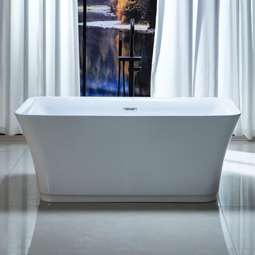 Image of Empava 59 inch Free-standing Bathtub for Master Bathroom, Acrylic Soaking Tub | Modern Flat Bottom Deep Bath for Muscle Relief and Stress Melting, Glossy White