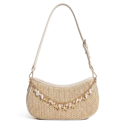 CHUNLI Straw Shoulder Bag for Women, Boho Woven Raffia Hobo Purse with Charm Chain...
