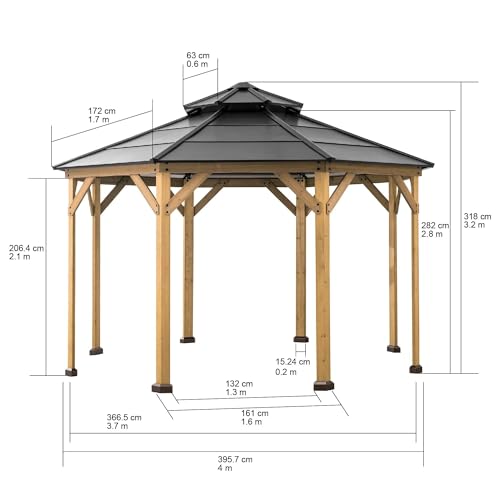 Sunjoy Ion Collection 13 x 13 ft. Cedar Framed Octagon Wood Gazebo with Brown Double Tiered Steel Hardtop Roof and Ceiling Hook for Garden, Backyard Shade - Image 5