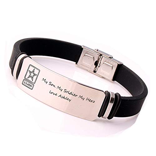 Personalized Military Jewelry Stainless Steel and Rubber Bracelets Engraved Army Sign Deployment Gift