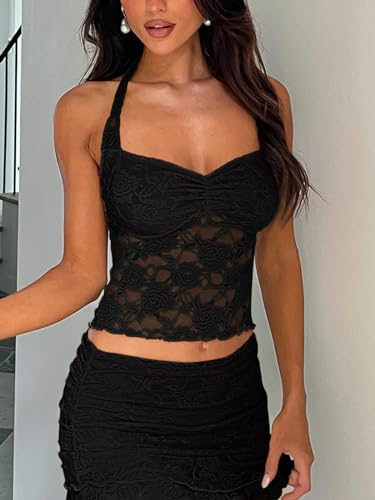 REORIA Lace Tops for Women Halter Sexy Going Out Tank Crop Y2K Fashion Top 2025 Trendy3