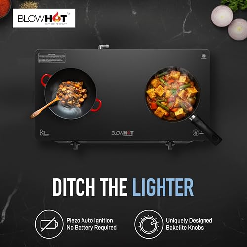 Image of BLOWHOT 2 Burner Auto Ignition PREMIUM Gas Stove | Coated Forged Indian Burners | Stainless Steel Dip Tray - 2 Year General Warranty - (5 Years On Burners Gas Valve and Glass) - Topaz