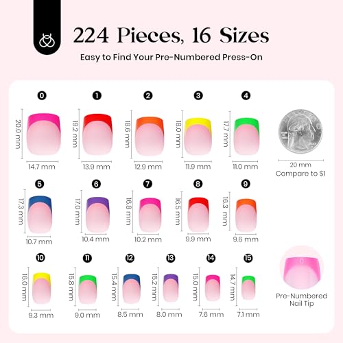 Image of Beetles Soft Gel Summer Press On Nails 224 Pcs 7 Colors, French Tip Short Squoval Classic Fake Tips, Rainbow False Nails Art DIY For Women