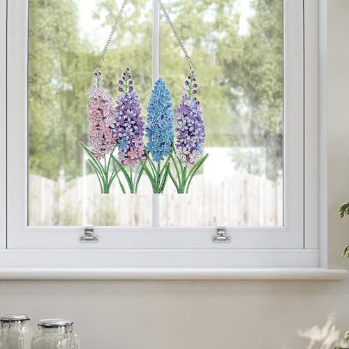 Image of Large Lavender Diamond Painting Suncatcher Hanging Kits for Adults | Flower DIY Hanging Diamond Art for Adults, Window & Wall Decor, 5D Crystal Diamond Art Pendant