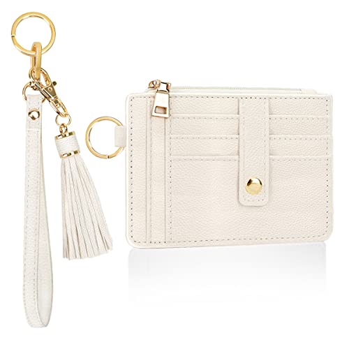 CHIWUTECH Wristlet Keychain Wallet, Leather Wrist Bracelet Strap Purse, Slim RFID Pocket Credit Card Holder with Lanyard (Card Holder, cream)