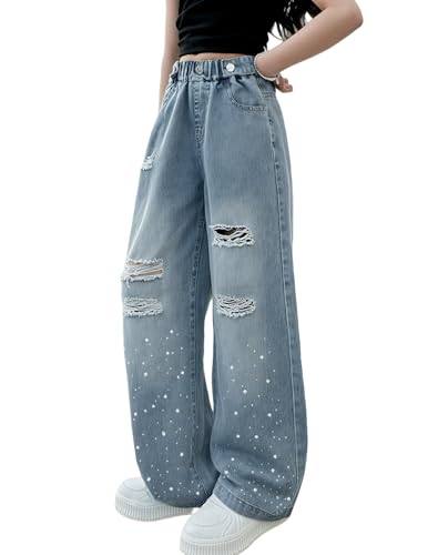 Rolanko Girls Baggy Jeans Elastic Waist Ripped Jeans for Girls 10-12 Denim Wide Leg Pants Loose Kids Clothes (Glitter Hole, 10-11Y)