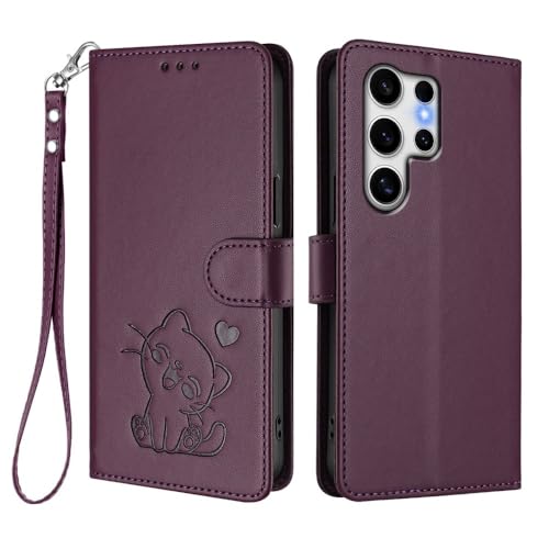 Étui Samsung S26 Ultra violet foncé avec portefeuille magnétique en cuir et motif chat