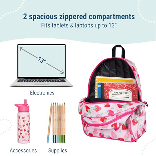 Image of Wildkin 15 Inch Backpack for Kids, Strawberry | Ages 5-10, padded straps, side water bottle pocket - coordinates with matching Wildkin lunch boxes and water bottles