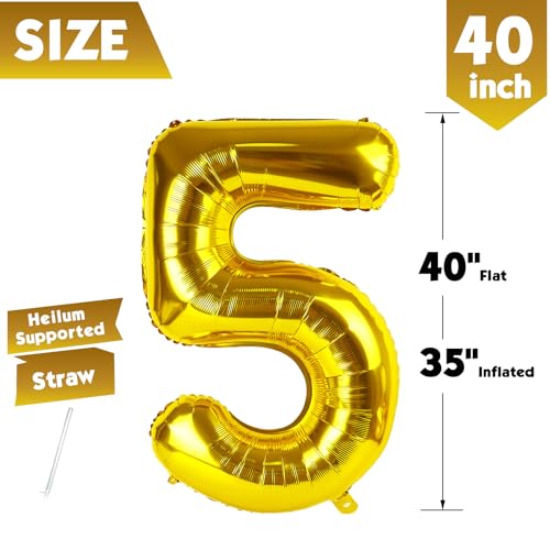 Image of 40 Inch Gold Number 5 Balloon Birthday Party Decorations for Men & Women | 40 Inch Gold inflatable foil number balloons, large birthday decorations for 5th birthday