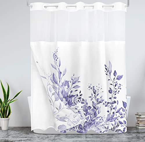 Tititex No Hooks Snap in Liner Very Peri Purple Eucalyptus Leaves Shower Curtain Sets, Hotel Luxury Double Layers Waterproof Fabric & See-Through Top Window Bathroom Decorative 72x72 Inch - Thumbnail 3