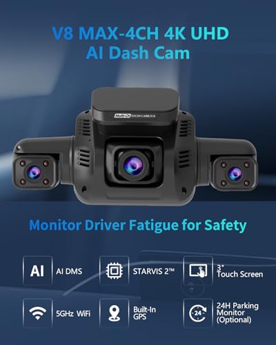 Image of HUPEJOS AI 4K Dash Cam Front and Rear Recording with Driver Monitoring System, 360 View 4 Channel Dashcam Car Camera, STARVIS 2 Night Vision, 5G Wi-Fi GPS, 3 inch Touch Screen, with 64GB Card, V8 MAX
