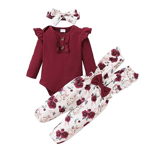 Image of PATPAT Newborn Baby Girl Clothes Set Long Sleeves Infant Toddler Fall Overall Outfits Romper and Floral Print Ruffle Pants Set