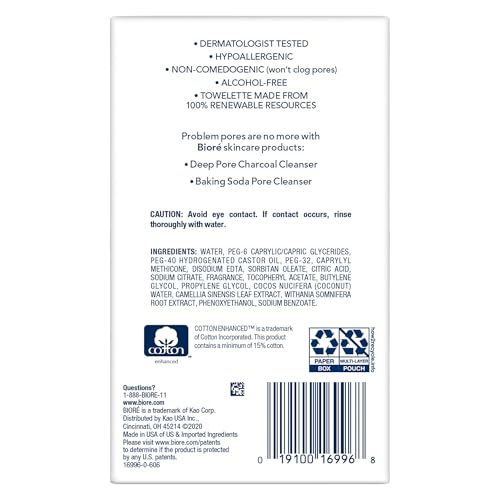 Bioré Daily Make Up Removing Cloths, Facial Cleansing Wipes with Dirt-grabbing Fibers for Deep Pore Cleansing without Oily Residue, 60 Count