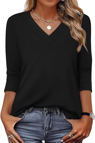 3/4 Length Sleeve Womens Tops V Neck T Shirts Black Womens Tunic Tops Early Fall Fashion Must Haves S