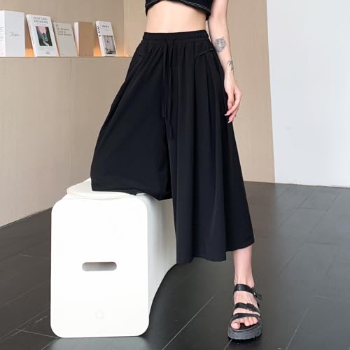 NANJUN Women's Culottes - Summer Wide Leg Palazzo Pants, High Waist with Pockets, Soft Elastic Comfortable Ice Silk Fabric.3