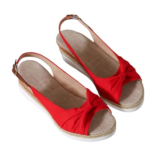 Sandales en Cuir pour Femme avec Espadrilles Compensées - Nœud sur Tricot - Bout Ouvert - Bride Arrière - Sangle de Cheville - Plage Respirantes et...
