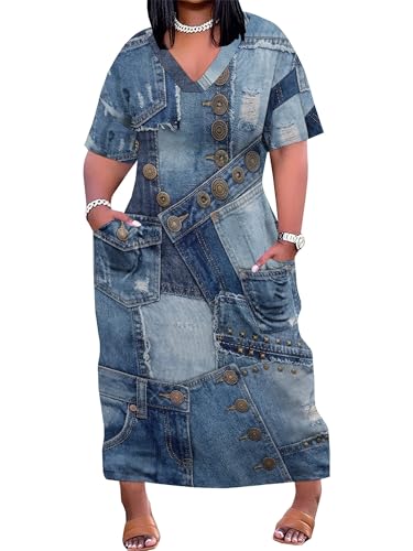Image of SUZONANA Plus Size Denim Print Maxi Dresses for Women Casual V Neck Short Sleeve with Pockets Soft Jean Look Dress XL-6XL
