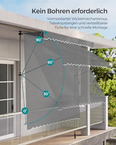 SONGMICS Klemmmarkise, Balkonmarkise, höhenverstellbar, mit Handkurbel, Sonnenschutz, für Balkon, Terrasse, Garten, 250 x 120 cm, anthrazit GSA252G02 6