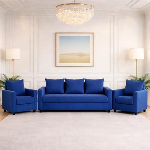 Image of Wood 3+1+1 Sofa Set 5 Seater | Velvet Fabric Upholstery | Wooden Frame Sofa Set with 3 Seater & 2 Single Chairs for Living Room, Home & Office (Blue)