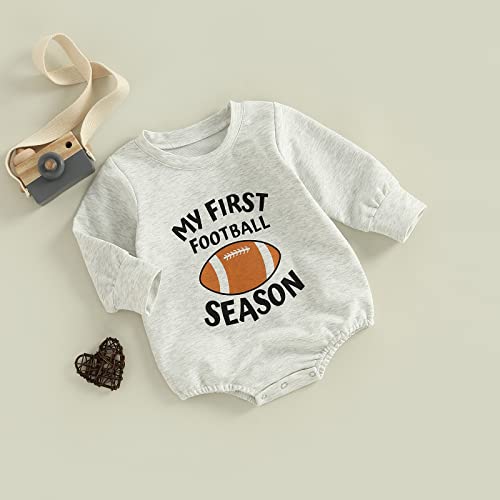 Baby Boy Girl Long Sleeve Romper Sweatshirt Football Season Letters Printed Oversized Romper Football Baby Fall Clothes (Gray My First Football Season, 6-12 Months)