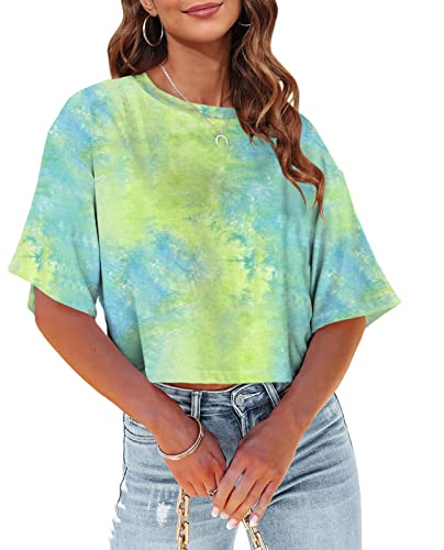 Tankaneo Womens Half Sleeve Tie Dye Cropped T-Shirts Drop Shoulder O-Neck Crop Tops Summer Casual Basic Print Tees