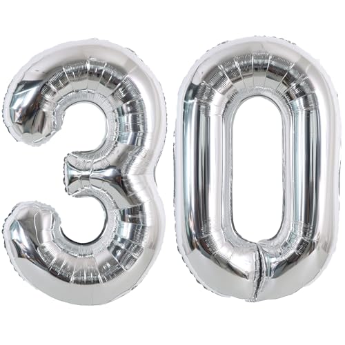 Image of TONIFUL 40 Inch Silver Number 30 Balloons Large Foil 30th Birthday Decor | Silver 30 Balloon Number Thirty for Thirty Birthday Party 30th Anniversary, Silver Birthday Decorations for Men Women